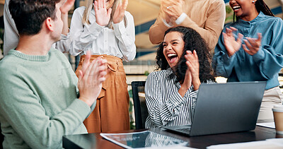 Buy stock photo Applause, success and business woman with team for winning, bonus or creative proposal approval. Excited, people and laptop with happiness, cheers and celebration for collaboration funding at startup