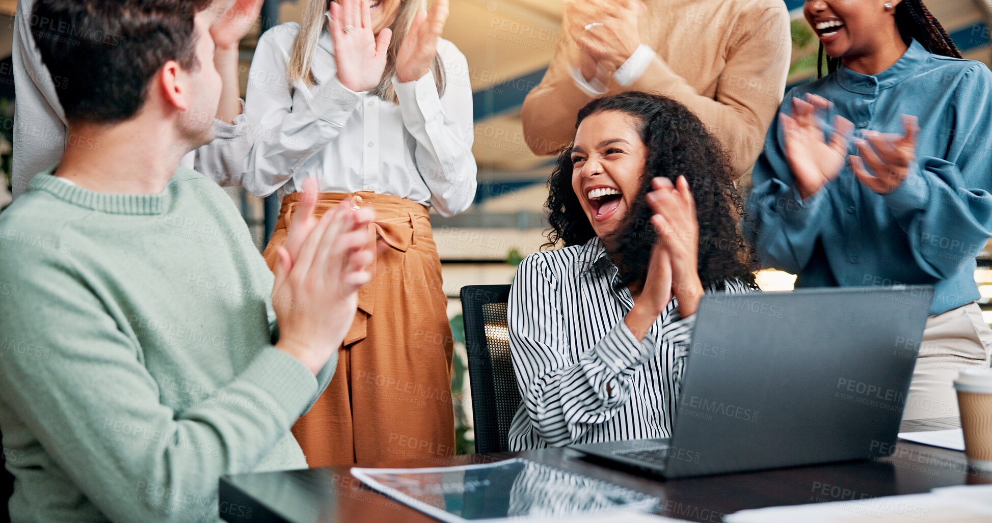 Buy stock photo Applause, success and business woman with team for winning, bonus or creative proposal approval. Excited, people and laptop with happiness, cheers and celebration for collaboration funding at startup