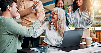 Buy stock photo High five, success and business woman with team for winning, bonus or creative proposal approval. Excited, people and laptop with applause, fist and celebration for collaboration funding at startup