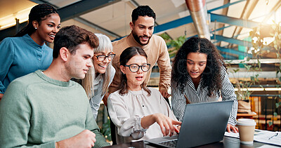 Buy stock photo Group, business and people with laptop in office for planning, review website and proposal feedback. Staff, teamwork and online for brainstorming, information and schedule update for project solution