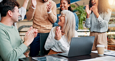 Buy stock photo Applause, success and business people with team for winning, bonus or creative proposal approval. Excited,  group and laptop with happiness, cheers and celebrate for collaboration funding at startup