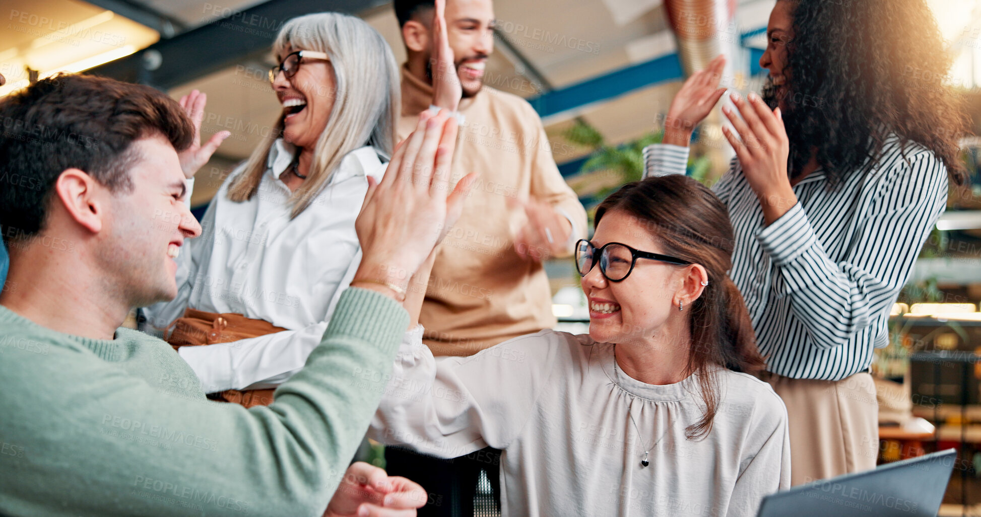 Buy stock photo High five, success and business people with team for winning, bonus or creative proposal approval. Excited,  group and laptop with happiness, cheers and celebrate for collaboration funding at startup