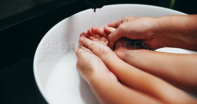Buy stock photo People, tap and washing hands with water in sink for hygiene, disinfection or cleanliness at home. Parent, child and rinse with kid, faucet or basin in bathroom for bacteria or germ removal at house