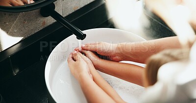 Buy stock photo People, tap and washing hands with water in basin for hygiene, disinfection or cleanliness at home. Parent, child and rinse with kid, faucet or sink in bathroom for bacteria or germ removal at house