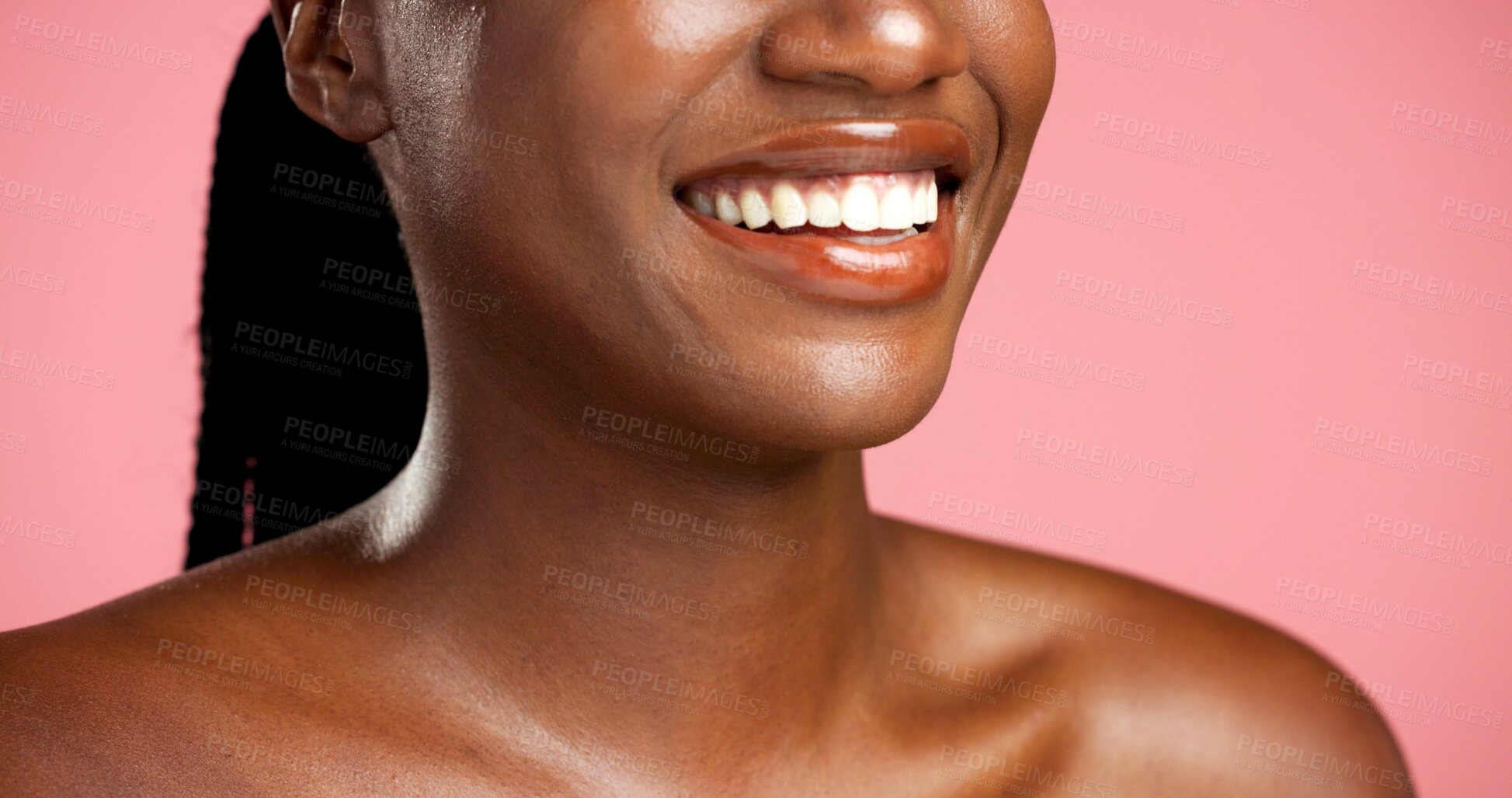 Buy stock photo Beauty, cosmetics and smile of black woman in studio for dermatology, skin hydration or vitamin C. Skincare, teeth and wellness with model person isolated on pink background for facial aesthetic