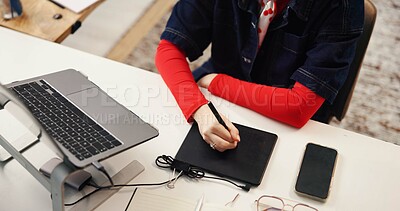 Buy stock photo Hand, graphic tablet and woman with top view in office for design, sketch or cartoon artist. Above, technology or worker with drawing pad for creative, digital art or animation software for business