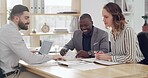 Document, business people or team meeting with graphs for planning insurance strategy. Group, paperwork or conversation with happy manager for policy analysis or feedback with laptop screen in office