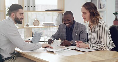 Buy stock photo Document, business people or team meeting with graphs for planning insurance strategy. Group, paperwork or conversation with happy manager for policy analysis or feedback with laptop in office