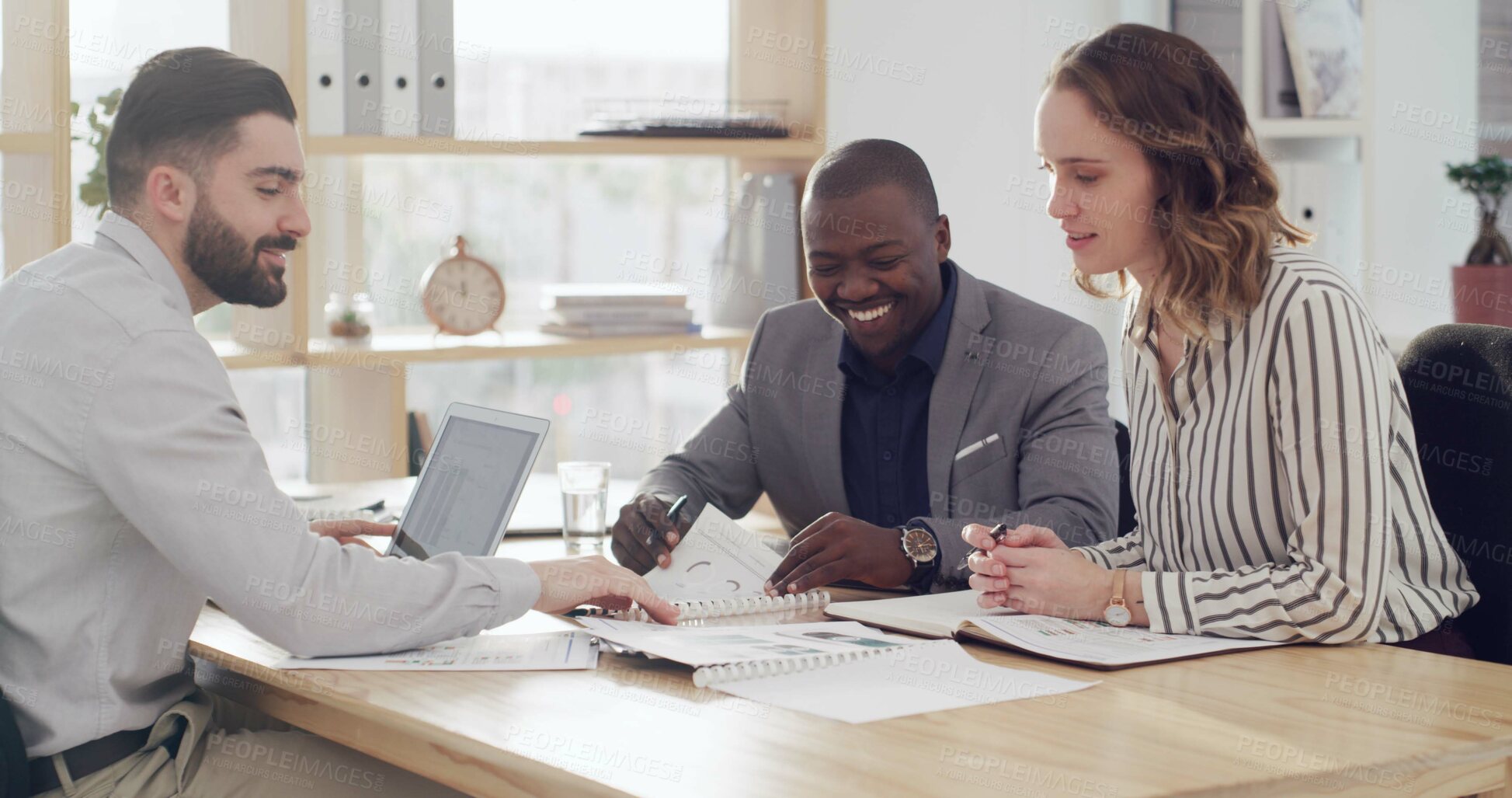 Buy stock photo Document, business people or team meeting with graphs for planning insurance strategy. Group, paperwork or conversation with happy manager for policy analysis or feedback with laptop in office