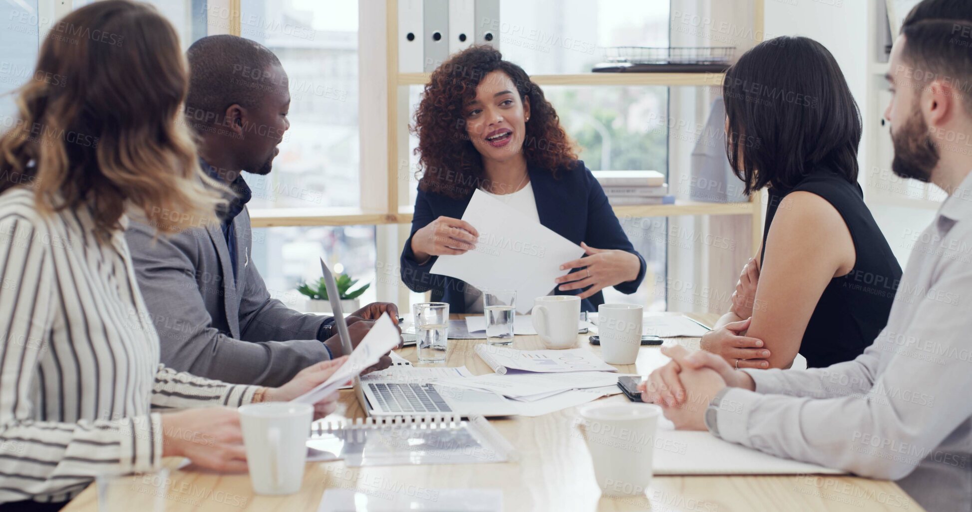 Buy stock photo Paperwork, business people or meeting with discussion in office for financial insurance or strategy. Group, document or planning with happy manager for risk management, policy development or feedback