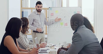 Buy stock photo Whiteboard, businessman and presentation with team with pie chart for sales performance. Group, presenter and talk in meeting with graph for training, coaching or financial stats for KPI in office