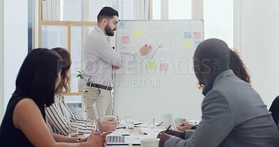 Buy stock photo Document, business people and group in office for planning insurance strategy with chart. Meeting, paperwork and conversation with manager for policy analysis, review and feedback with laptop