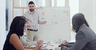 Buy stock photo Whiteboard, presenter and businessman talk with team for chart, sales performance or analysis. Group, presentation and meeting with graph for training, coaching or financial stats for KPI in office