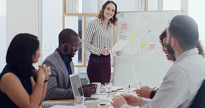 Buy stock photo Business, people and presentation on whiteboard in office for marketing, sales update and feedback. Speaker, staff and information on company profit, kpi performance and briefing for revenue growth 