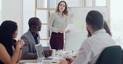 Buy stock photo Business, people and meeting with whiteboard in office for marketing, sales update and feedback. Speaker, staff and explain information on company profit, KPI performance and pitch of revenue growth 