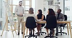 Presentation, board and speaker with business people in meeting for planning, discussion or sales projection. Profit review, teamwork and support with employees in office for revenue growth and pitch