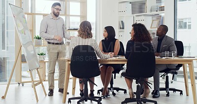 Buy stock photo Presentation, board and speaker with business people in meeting for planning, discussion or sales projection. Profit review, teamwork and support with employees in office for revenue growth and pitch