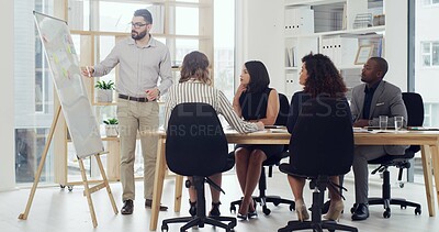 Buy stock photo Presentation, speaker and teaching with business people in meeting for planning, discussion or sales projection. Profit review, team and board with employees in office for revenue growth and pitch
