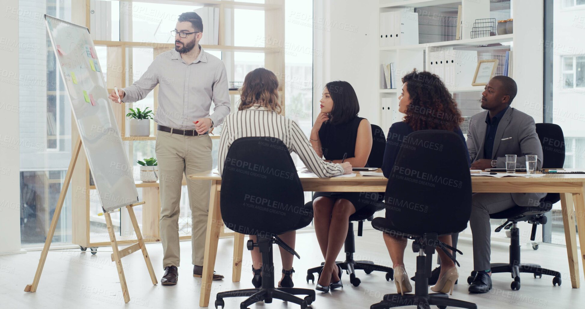 Buy stock photo Presentation, speaker and teaching with business people in meeting for planning, discussion or sales projection. Profit review, team and board with employees in office for revenue growth and pitch