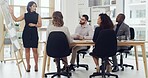 Board, speaker and teaching with business people in meeting for planning, discussion or sales projection. Profit review, team and presentation with employees in office for revenue growth and pitch