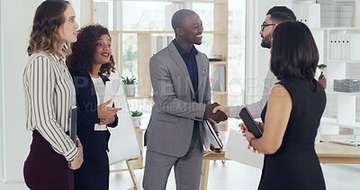 Buy stock photo Businessman, happy and handshake at meeting with team, deal and agreement for b2b negotiation at office. People, smile and shaking hands with thanks, success and achievement at financial agency