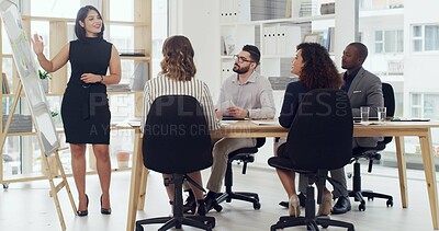 Buy stock photo Boardroom, speaker and woman with team, presentation or planning for funding proposal or discussion. Business, people and presenter with whiteboard for strategy, talking and ideas for investment