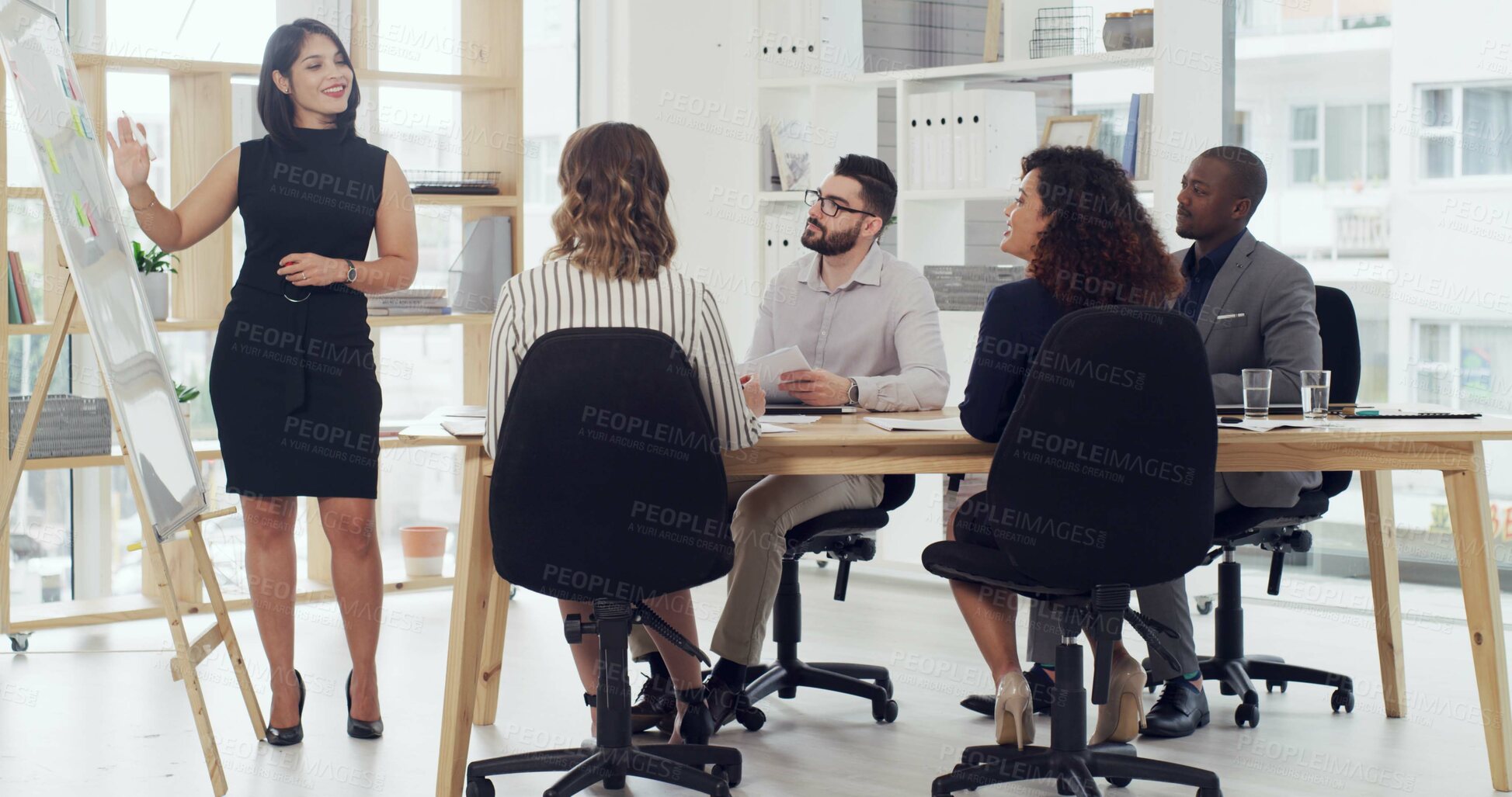 Buy stock photo Boardroom, speaker and woman with team, presentation or planning for funding proposal or discussion. Business, people and presenter with whiteboard for strategy, talking and ideas for investment