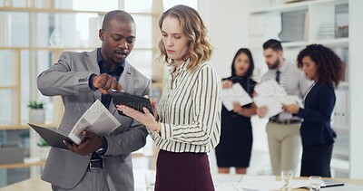 Buy stock photo Office, documents and business people on tablet in meeting for finance report, review and planning. Corporate, team and man with woman on digital tech for research, financial proposal and budget