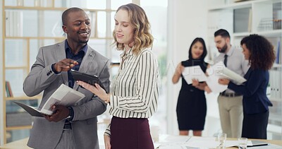 Buy stock photo Office, paperwork and business people on tablet in discussion for finance report, review and planning. Corporate, team and man with woman on digital tech for research, financial proposal and meeting