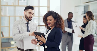 Buy stock photo Corporate, meeting and business people on tablet in discussion for finance report, review and planning. Office, team and man with woman on digital tech for research, financial proposal and budget