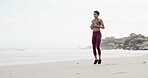 Energy, fitness and running with woman on beach for start of cardio or marathon training in morning. Exercise, sports and workout with athlete or runner on sand at ocean for health or wellness