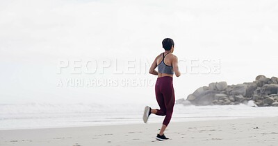 Buy stock photo Woman, running and back at beach, training and fitness with space, sky and outdoor with routine. Person, workout and exercise for wellness, cardio challenge and jog by ocean for health in New Zealand