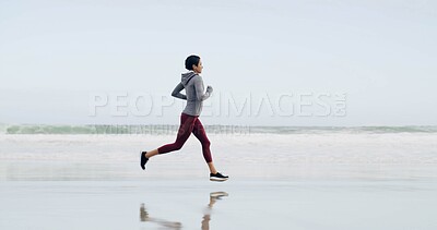 Buy stock photo Woman, workout and running on beach for fitness, exercise or outdoor mockup. Female person, athlete or runner with marathon, preparation and cardio training with space in nature for fresh air