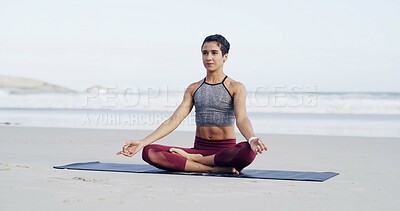 Buy stock photo Woman, yoga and lotus at beach, peace and mindfulness with space, sky and breathing exercise. Person, zen and meditation on ground with mat, nature and outdoor by ocean on vacation in Argentina