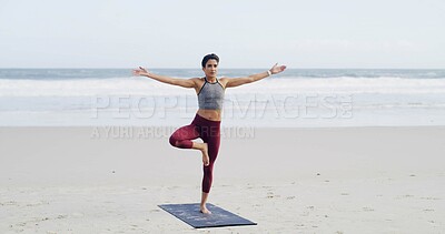 Buy stock photo Beach, stretching and woman with balance, yoga and flexibility with tree pose, workout and wellness. Healthy, person and routine for fitness, mockup space and posture in nature or exercise on mat