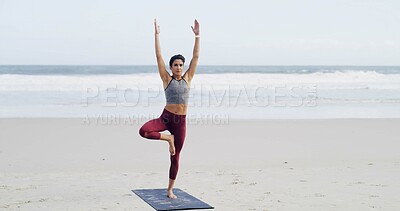 Buy stock photo Beach, stretching and woman in nature, wellness and routine for flexibility, workout or yoga on mat. Space, posture and warrior pose for muscle strength, ocean and fitness with balance or healthy