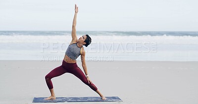 Buy stock photo Beach, stretching and woman in nature, flexibility and routine for wellness, workout or yoga on mat. Outdoor, person and warrior pose for muscle strength, space and fitness with balance position