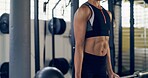 Woman, abs and fitness with barbell at gym for weightlifting, strength training and workout. Athlete, female person and exercise with equipment, bodybuilding challenge and activity for strong muscle