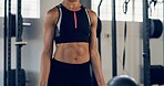 Person, abs and fitness with barbell at gym for weightlifting, strength training and workout. Athlete, woman and core exercise with equipment, bodybuilding challenge and activity for strong muscle