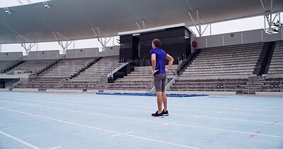 Buy stock photo Stadium, athlete and man on break, fitness and training for sport competition, wellness and workout. Healthy, runner and practice for marathon, back and person in field, rest or exercise routine