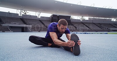 Buy stock photo Athlete, man and stretching legs for fitness, exercise and getting ready for marathon at stadium. Male person, warm up muscles and training routine, runner workout and prepare for sports competition