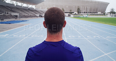 Buy stock photo Sports, back and start with man on race track for fitness, cardio challenge and runner practice. Workout, competition training and arena with person in running stadium for exercise and athlete