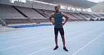 Athlete, portrait and sports with black man on race track for fitness, marathon practice and workout. Cardio challenge, exercise and running competition with person in stadium for training and event