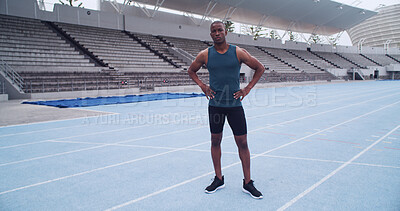 Buy stock photo Athlete, portrait and sports with black man on race track for fitness, runner practice and workout. Cardio challenge, exercise and running competition with person in stadium for training and event