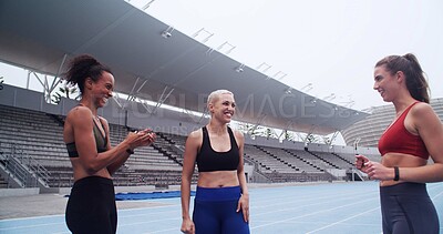 Buy stock photo Exercise, women and smile with applause in stadium for workout, marathon race or running. Friends, celebration and clapping hands for fitness goals, teamwork or support for training achievement