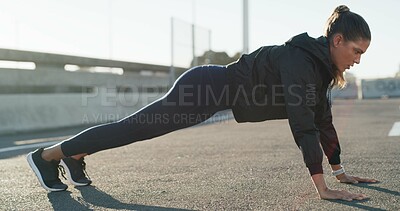 Buy stock photo Healthy, woman and plank on road, city and workout routine for balance, core strength and stability. Outdoor, fitness and exercise for muscle power, wellness and person with posture for endurance