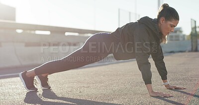 Buy stock photo Balance, woman and plank on road, city and workout routine for core strength, healthy and stability. Outdoor, fitness and exercise for muscle power, wellness and person with posture for endurance