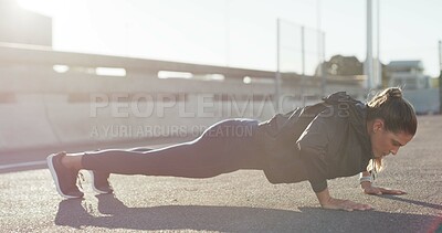 Buy stock photo City, push ups and woman on road, fitness or workout routine for core strength, healthy and outdoor. Bodybuilder, wellness and training for muscle power, endurance and exercise for body stability