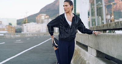 Buy stock photo Runner, woman and stretching legs in city for wellness, health or exercise preparation outdoor. Training, fitness and warm up muscle on street for flexibility, practice or injury prevention on bridge