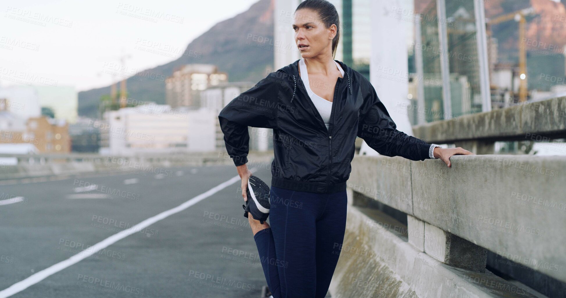 Buy stock photo Runner, woman and stretching legs in city for wellness, health or exercise preparation outdoor. Training, fitness and warm up muscle on street for flexibility, practice or injury prevention on bridge